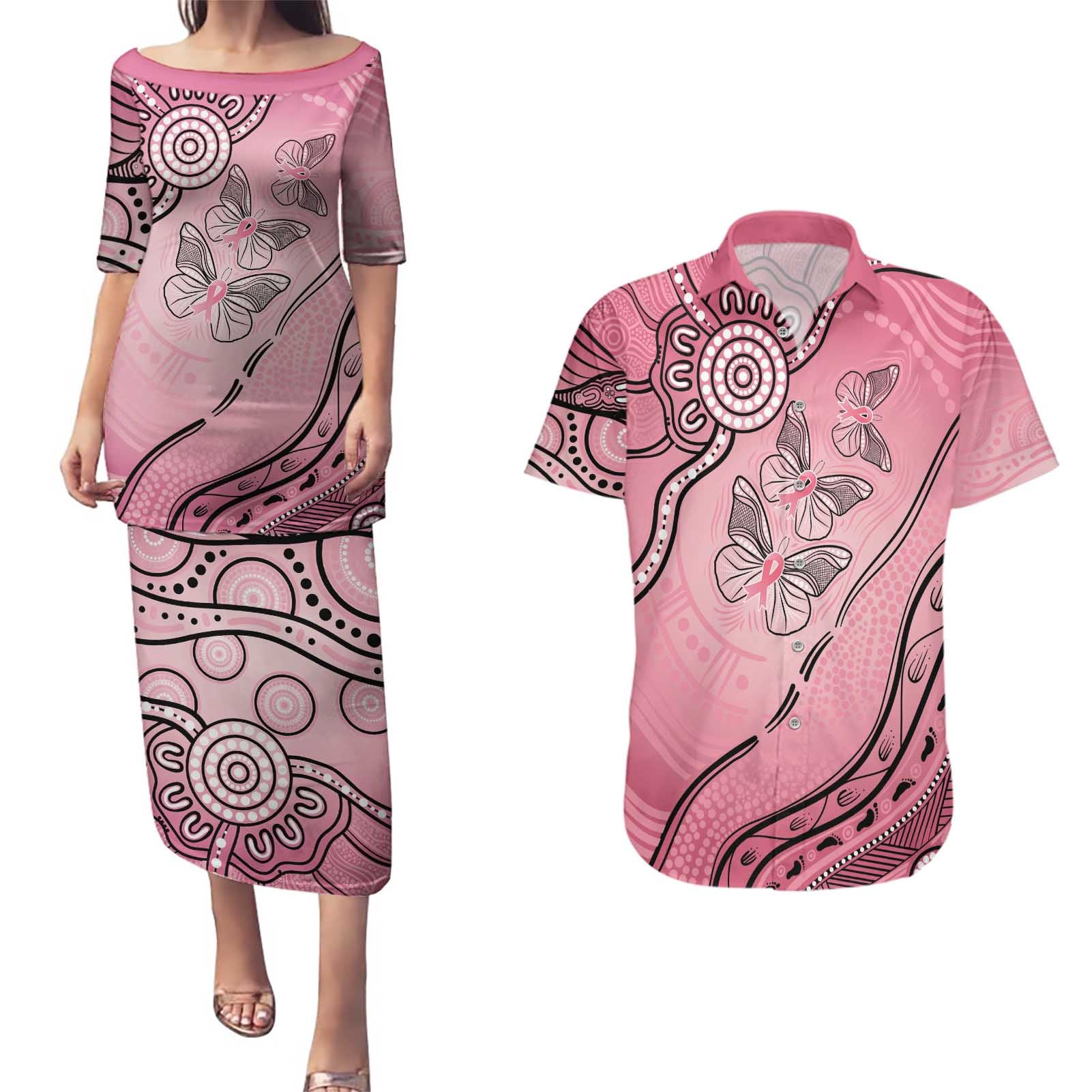 Pink Aboriginal Butterfly Ribbon Cancer Couples Matching Puletasi and Hawaiian Shirt