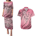 Pink Aboriginal Butterfly Ribbon Cancer Couples Matching Puletasi and Hawaiian Shirt