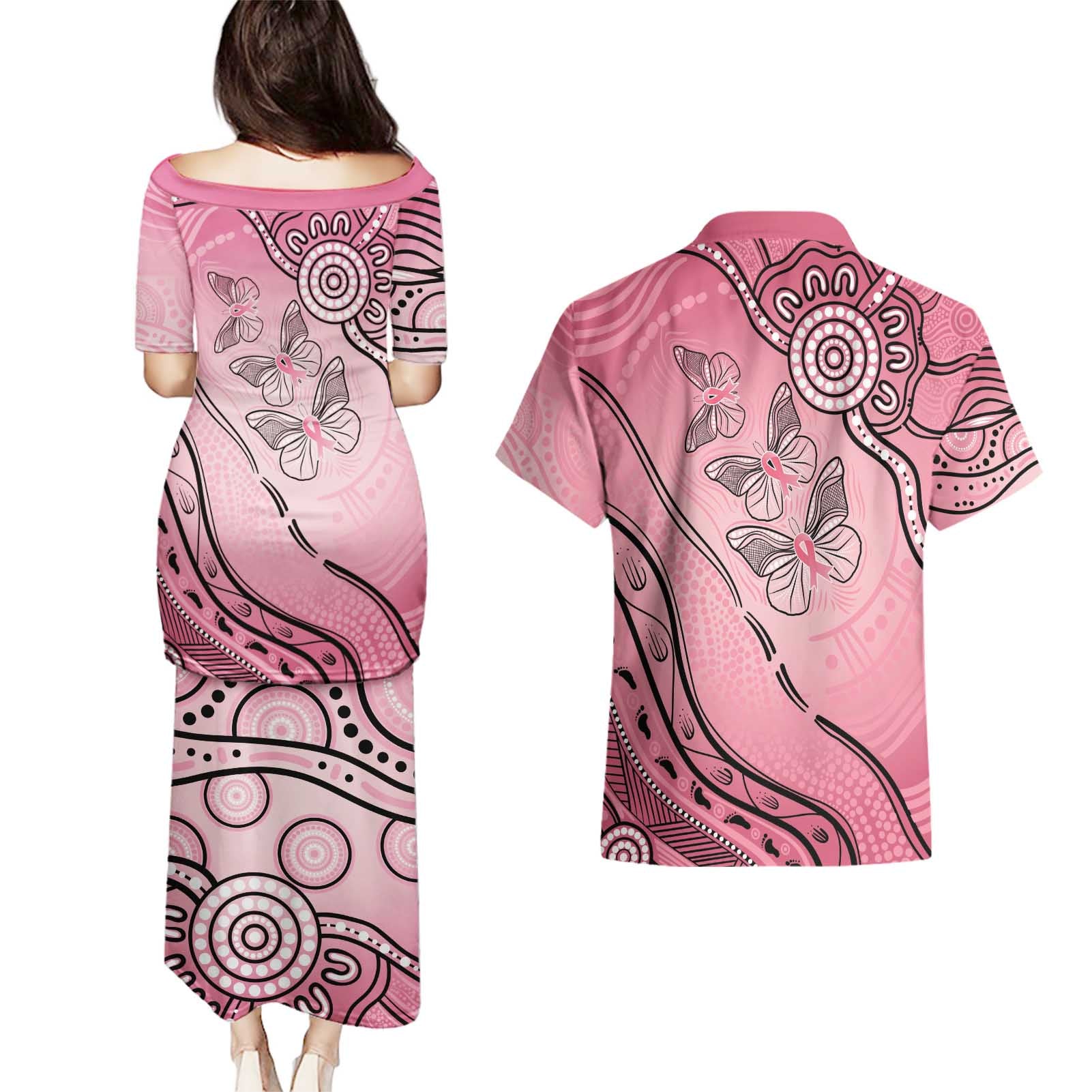 Pink Aboriginal Butterfly Ribbon Cancer Couples Matching Puletasi and Hawaiian Shirt