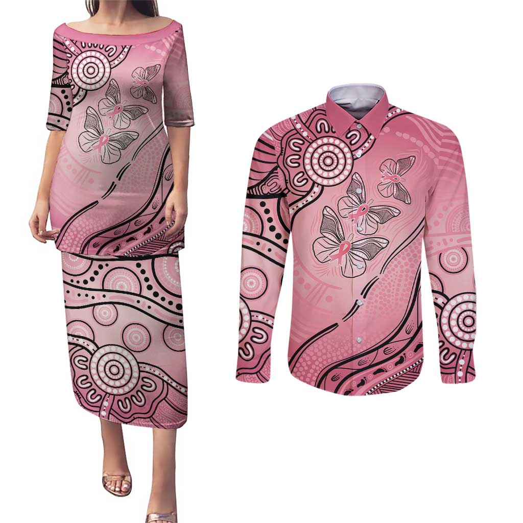 Pink Aboriginal Butterfly Ribbon Cancer Couples Matching Puletasi and Long Sleeve Button Shirt