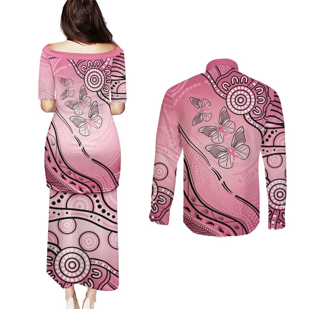 Pink Aboriginal Butterfly Ribbon Cancer Couples Matching Puletasi and Long Sleeve Button Shirt