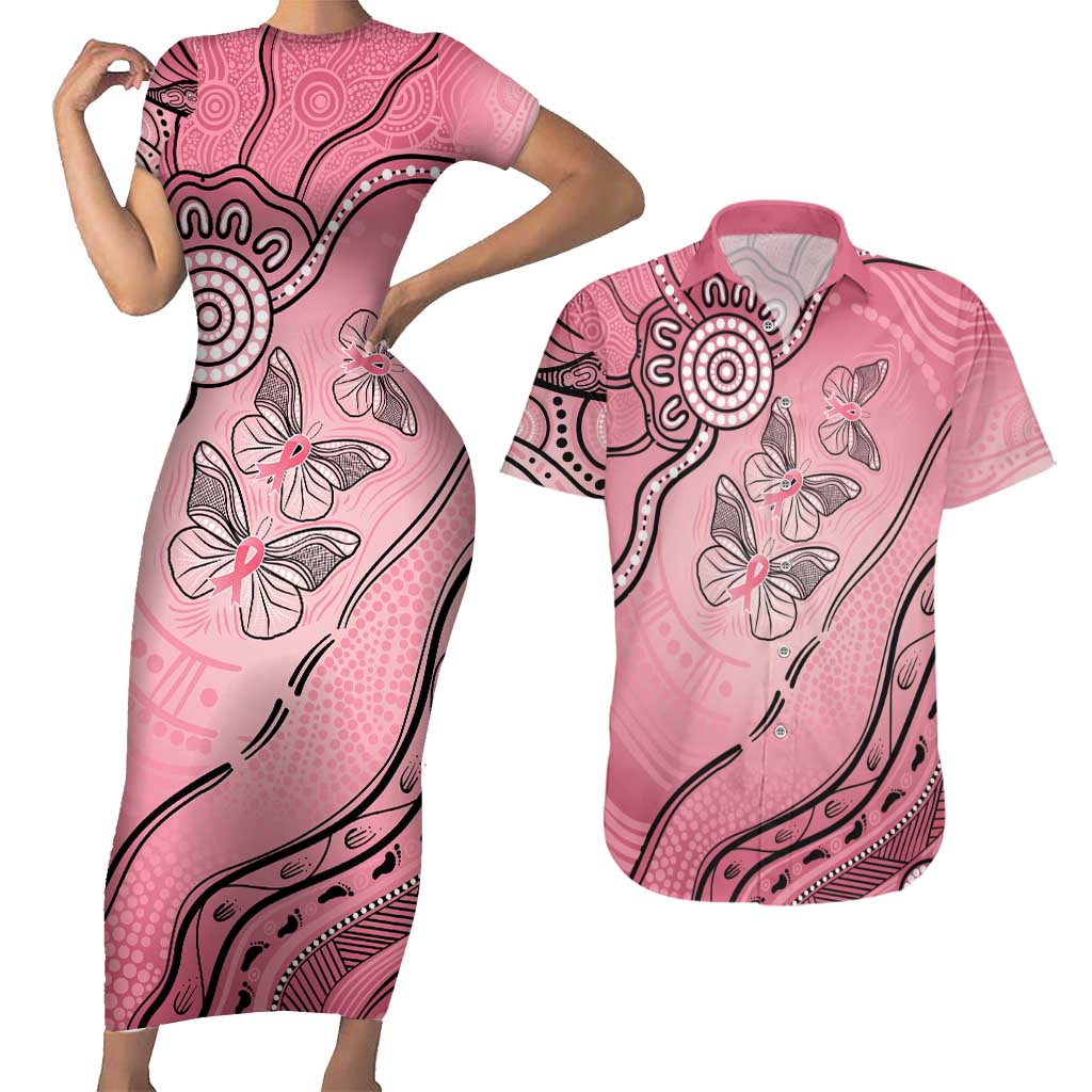 Pink Aboriginal Butterfly Ribbon Cancer Couples Matching Short Sleeve Bodycon Dress and Hawaiian Shirt