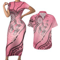 Pink Aboriginal Butterfly Ribbon Cancer Couples Matching Short Sleeve Bodycon Dress and Hawaiian Shirt