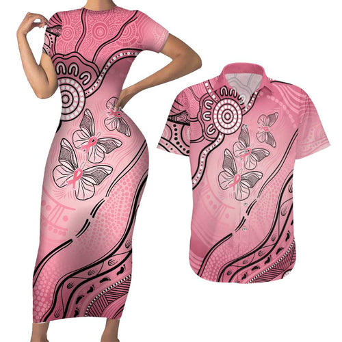 Pink Aboriginal Butterfly Ribbon Cancer Couples Matching Short Sleeve Bodycon Dress and Hawaiian Shirt