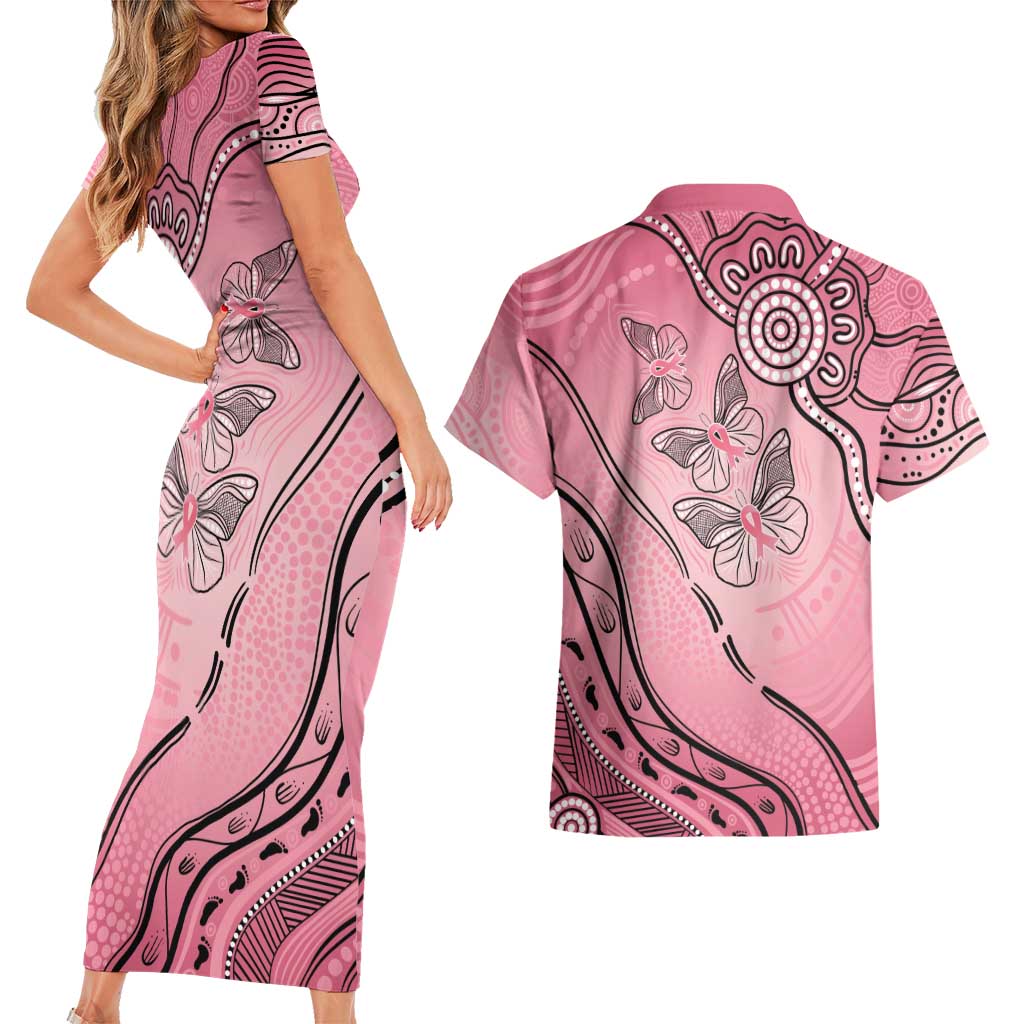 Pink Aboriginal Butterfly Ribbon Cancer Couples Matching Short Sleeve Bodycon Dress and Hawaiian Shirt