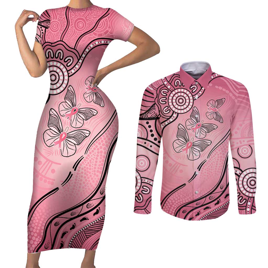Pink Aboriginal Butterfly Ribbon Cancer Couples Matching Short Sleeve Bodycon Dress and Long Sleeve Button Shirt