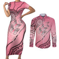 Pink Aboriginal Butterfly Ribbon Cancer Couples Matching Short Sleeve Bodycon Dress and Long Sleeve Button Shirt