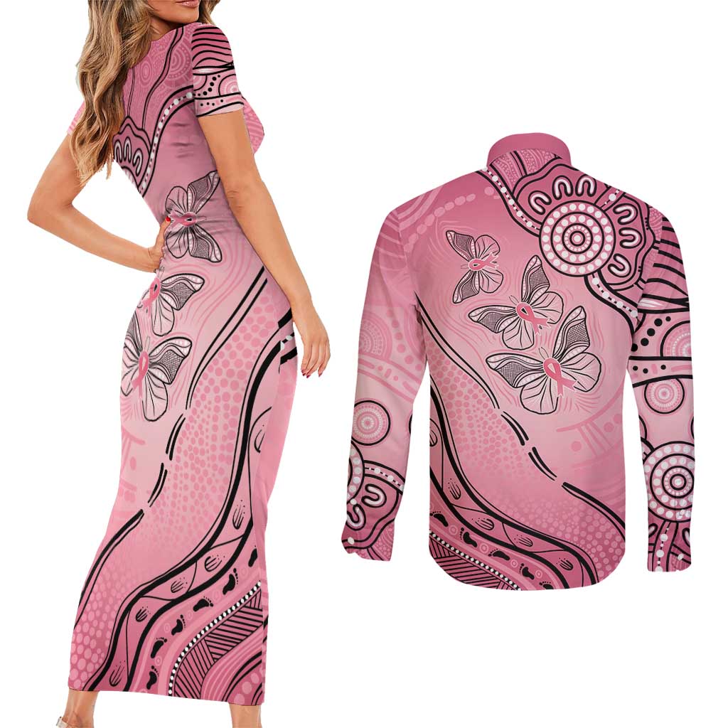 Pink Aboriginal Butterfly Ribbon Cancer Couples Matching Short Sleeve Bodycon Dress and Long Sleeve Button Shirt