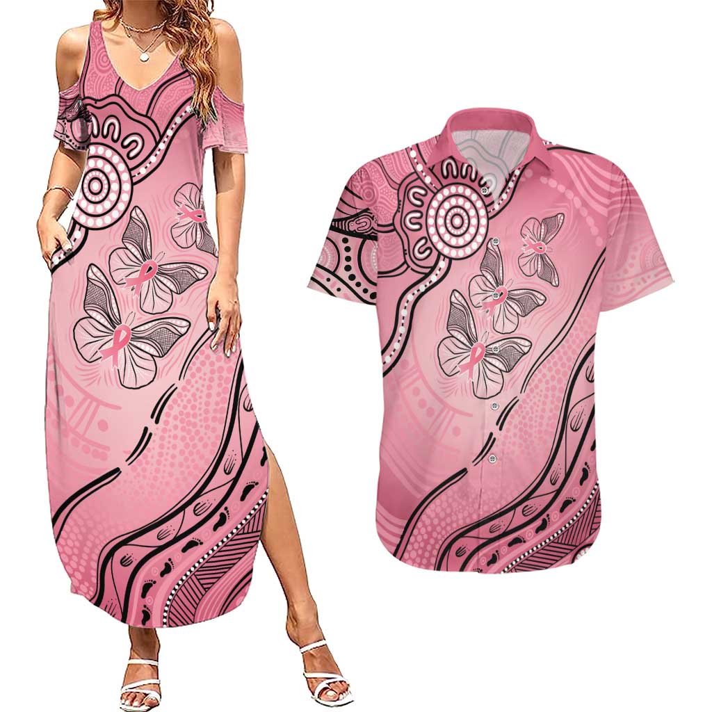 Pink Aboriginal Butterfly Ribbon Cancer Couples Matching Summer Maxi Dress and Hawaiian Shirt