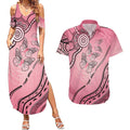 Pink Aboriginal Butterfly Ribbon Cancer Couples Matching Summer Maxi Dress and Hawaiian Shirt