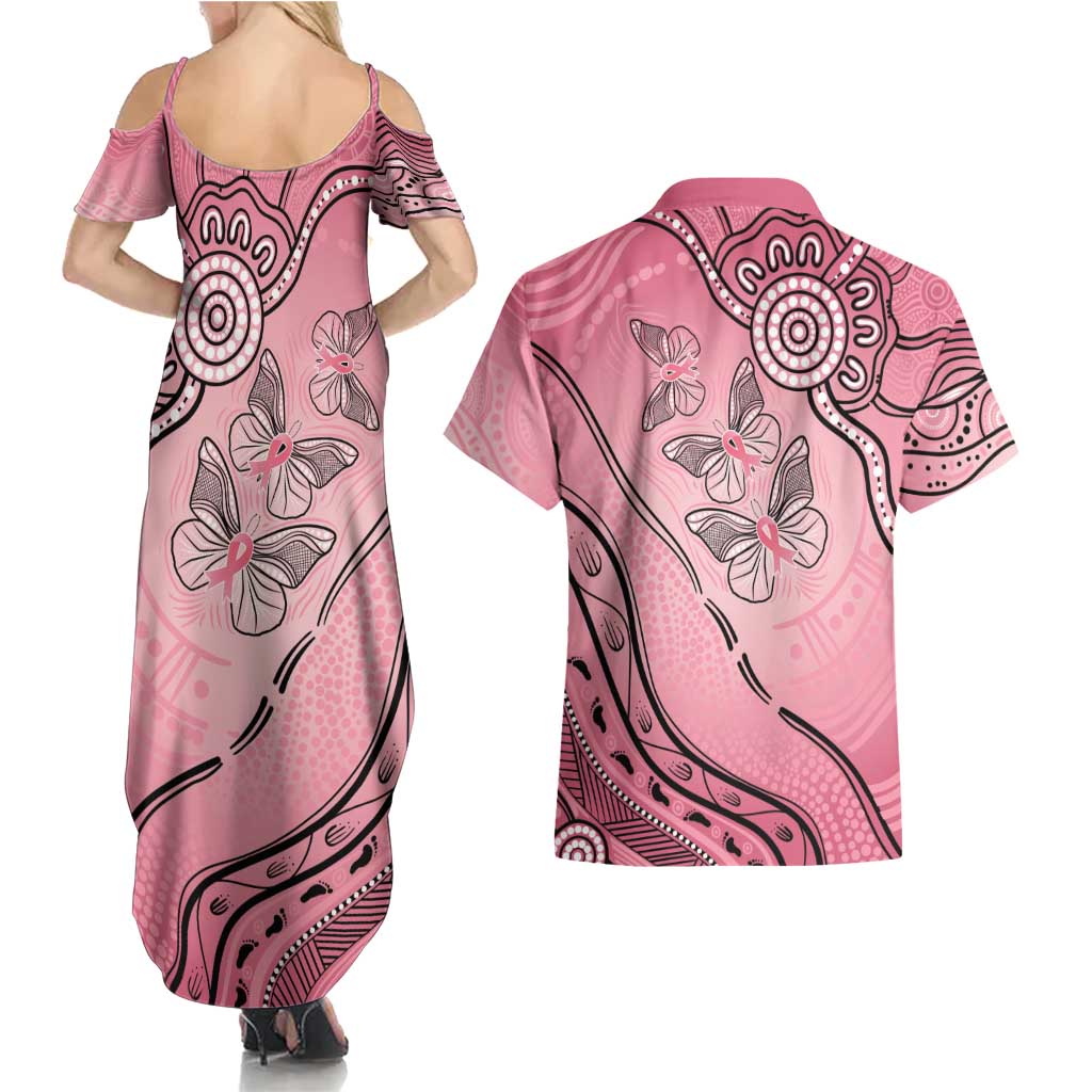 Pink Aboriginal Butterfly Ribbon Cancer Couples Matching Summer Maxi Dress and Hawaiian Shirt