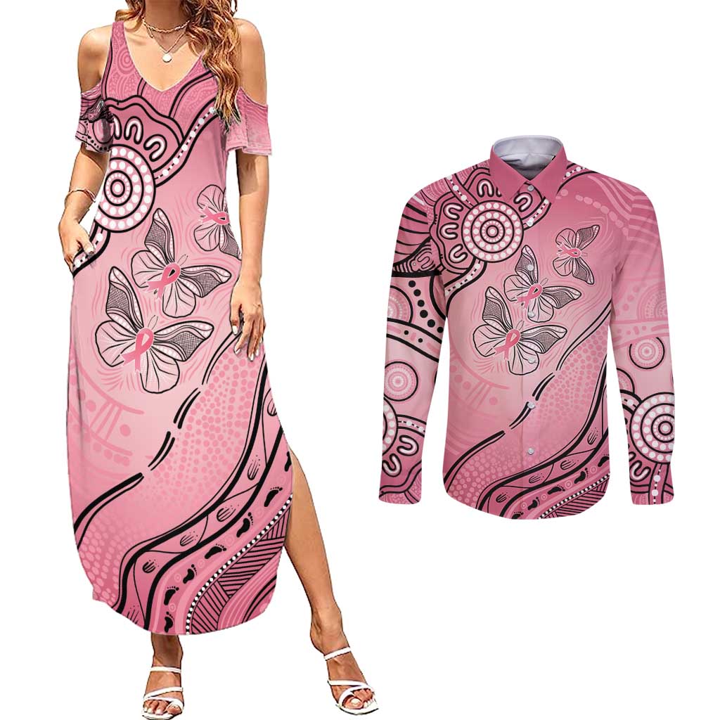 Pink Aboriginal Butterfly Ribbon Cancer Couples Matching Summer Maxi Dress and Long Sleeve Button Shirt