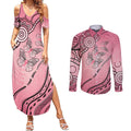 Pink Aboriginal Butterfly Ribbon Cancer Couples Matching Summer Maxi Dress and Long Sleeve Button Shirt
