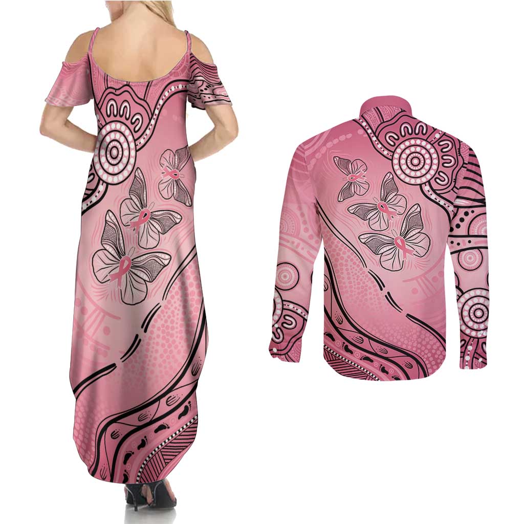 Pink Aboriginal Butterfly Ribbon Cancer Couples Matching Summer Maxi Dress and Long Sleeve Button Shirt