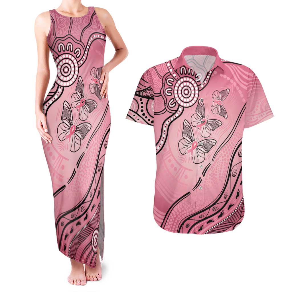Pink Aboriginal Butterfly Ribbon Cancer Couples Matching Tank Maxi Dress and Hawaiian Shirt