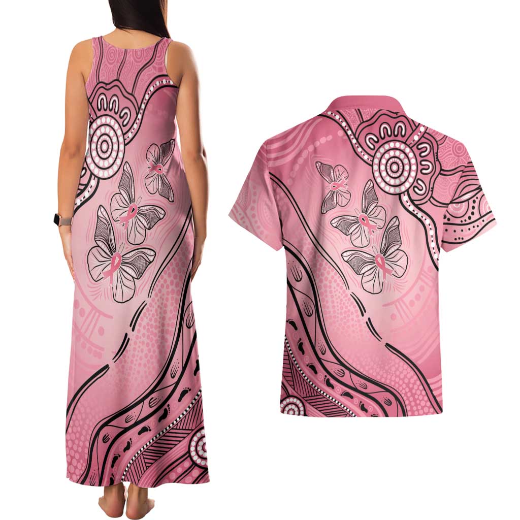 Pink Aboriginal Butterfly Ribbon Cancer Couples Matching Tank Maxi Dress and Hawaiian Shirt