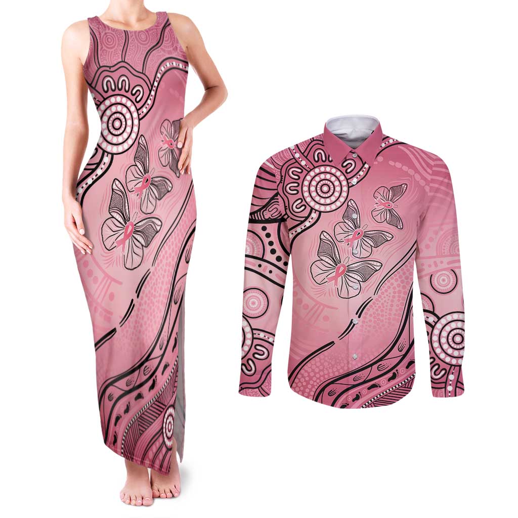 Pink Aboriginal Butterfly Ribbon Cancer Couples Matching Tank Maxi Dress and Long Sleeve Button Shirt