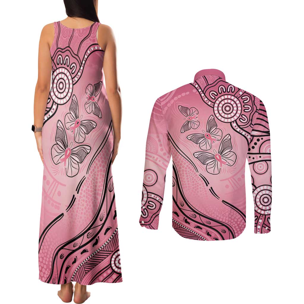 Pink Aboriginal Butterfly Ribbon Cancer Couples Matching Tank Maxi Dress and Long Sleeve Button Shirt