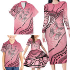 Pink Aboriginal Butterfly Ribbon Cancer Family Matching Long Sleeve Bodycon Dress and Hawaiian Shirt