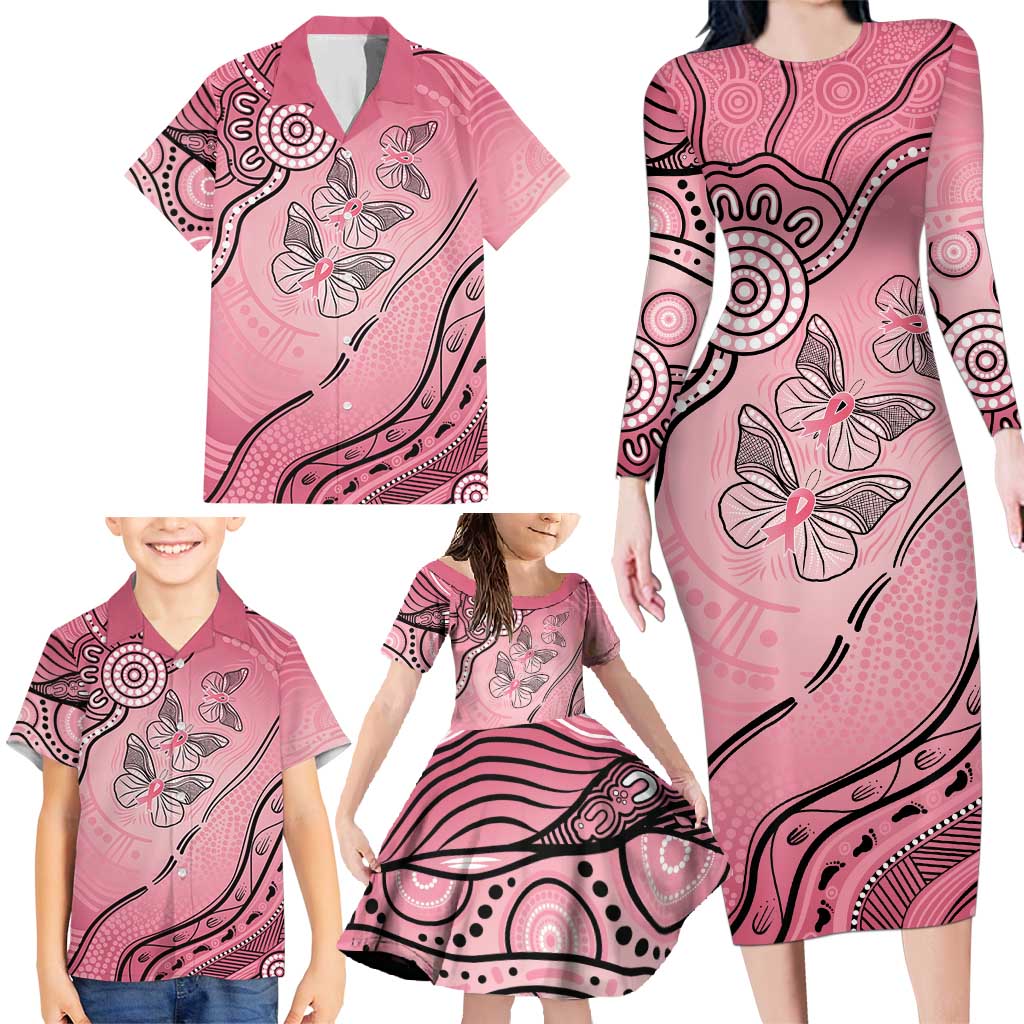 Pink Aboriginal Butterfly Ribbon Cancer Family Matching Long Sleeve Bodycon Dress and Hawaiian Shirt