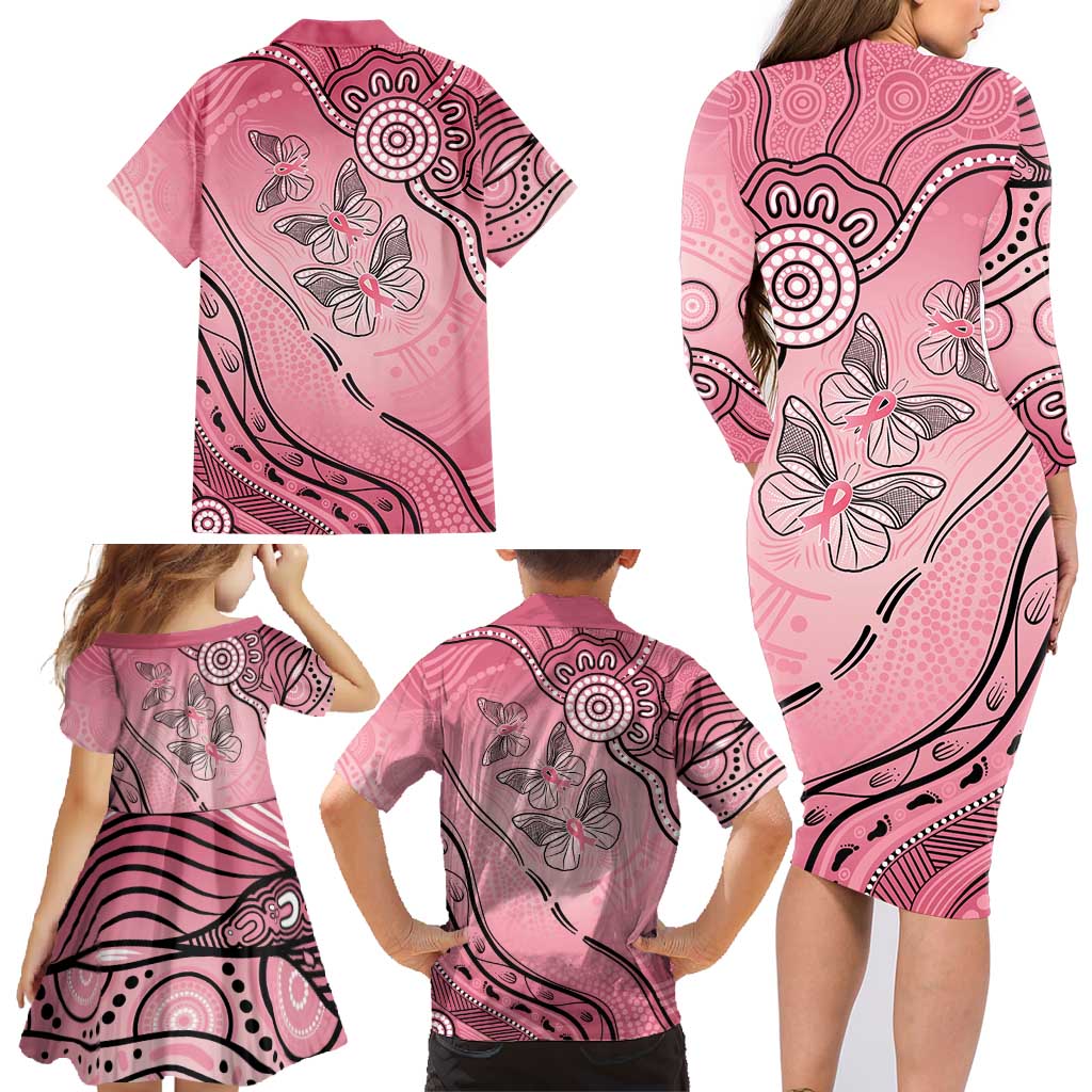 Pink Aboriginal Butterfly Ribbon Cancer Family Matching Long Sleeve Bodycon Dress and Hawaiian Shirt