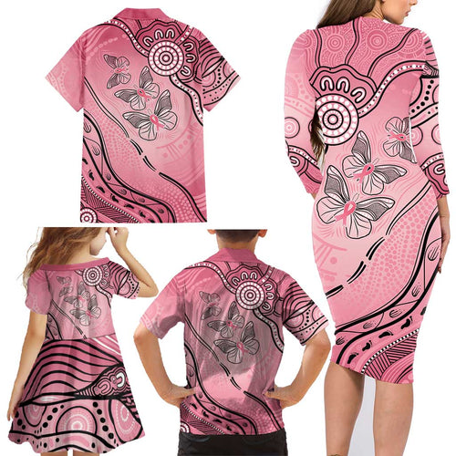 Pink Aboriginal Butterfly Ribbon Cancer Family Matching Long Sleeve Bodycon Dress and Hawaiian Shirt