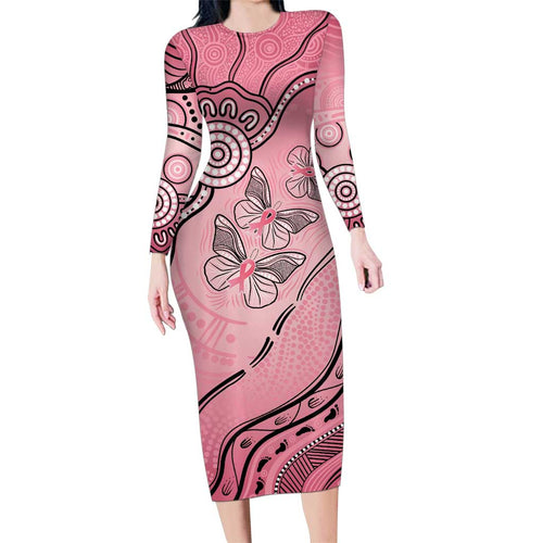 Pink Aboriginal Butterfly Ribbon Cancer Family Matching Long Sleeve Bodycon Dress and Hawaiian Shirt