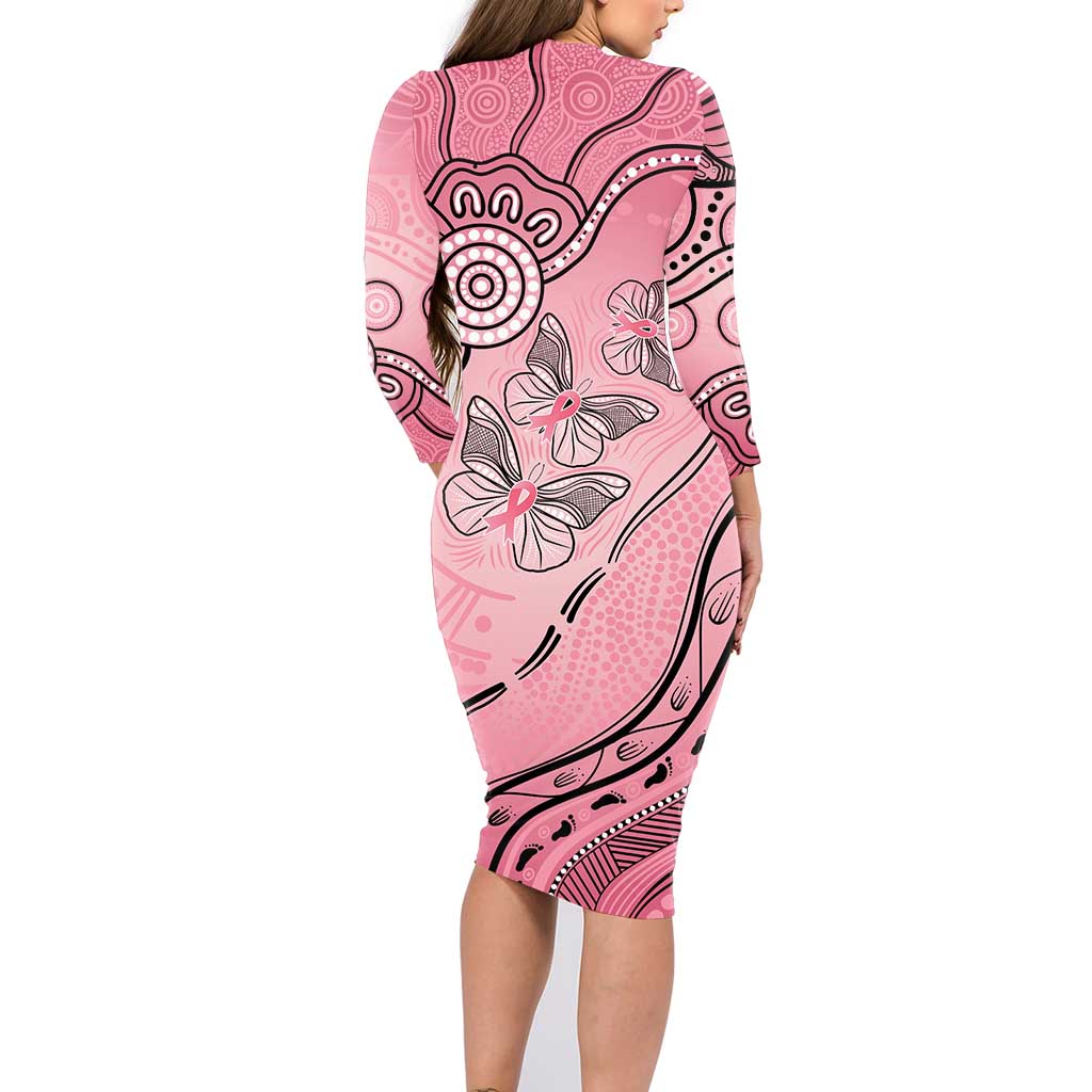 Pink Aboriginal Butterfly Ribbon Cancer Family Matching Long Sleeve Bodycon Dress and Hawaiian Shirt