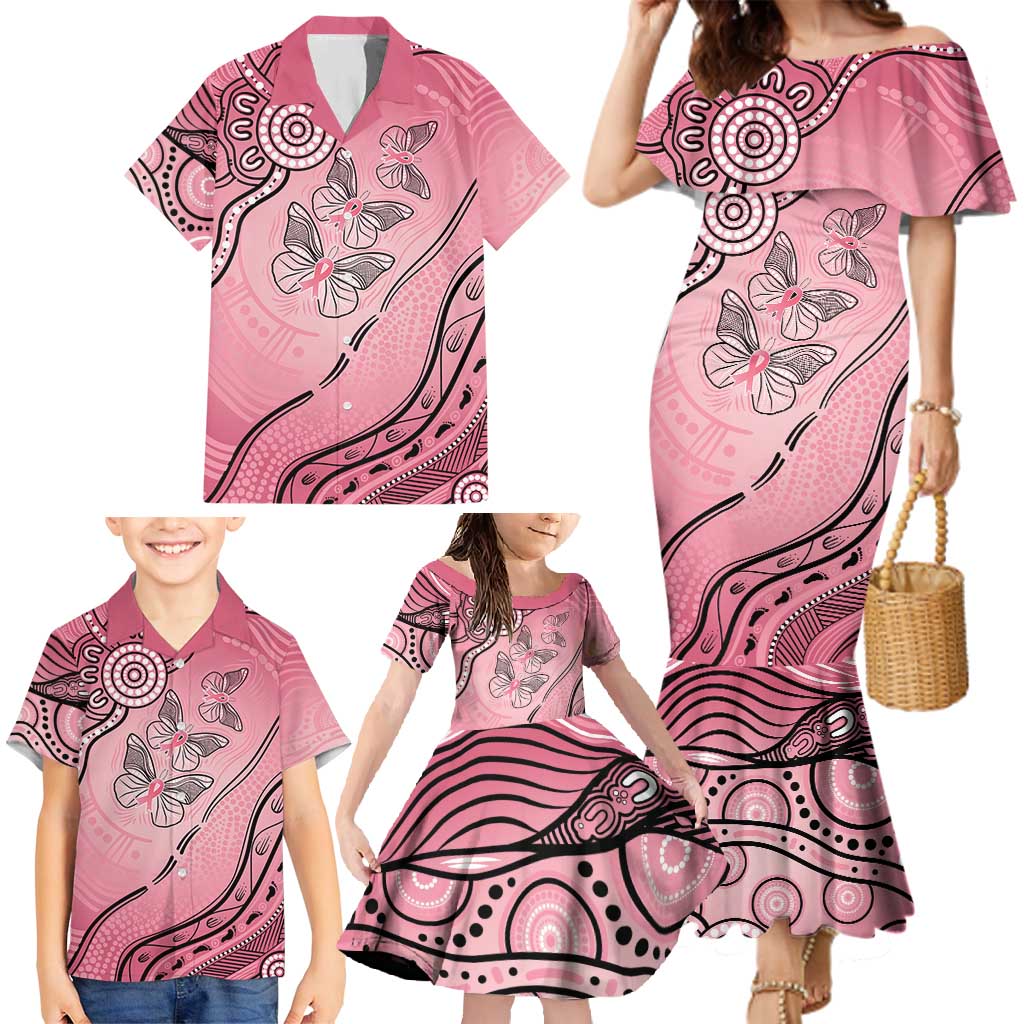 Pink Aboriginal Butterfly Ribbon Cancer Family Matching Mermaid Dress and Hawaiian Shirt