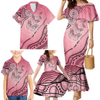 Pink Aboriginal Butterfly Ribbon Cancer Family Matching Mermaid Dress and Hawaiian Shirt