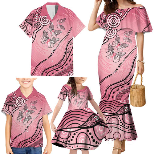 Pink Aboriginal Butterfly Ribbon Cancer Family Matching Mermaid Dress and Hawaiian Shirt