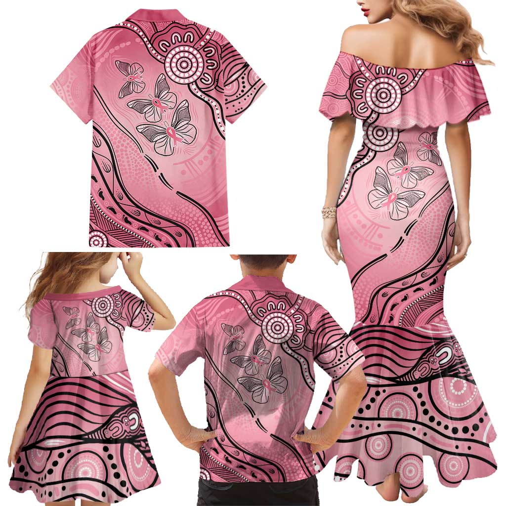 Pink Aboriginal Butterfly Ribbon Cancer Family Matching Mermaid Dress and Hawaiian Shirt
