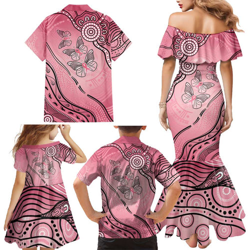 Pink Aboriginal Butterfly Ribbon Cancer Family Matching Mermaid Dress and Hawaiian Shirt