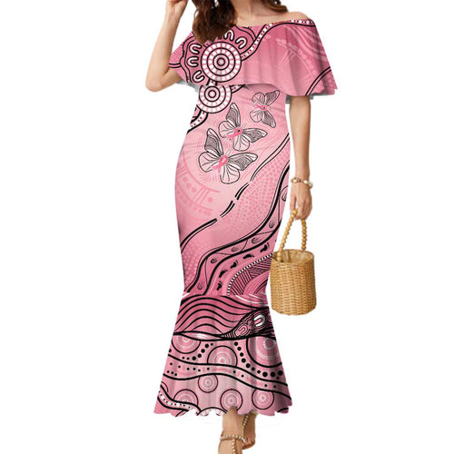 Pink Aboriginal Butterfly Ribbon Cancer Family Matching Mermaid Dress and Hawaiian Shirt