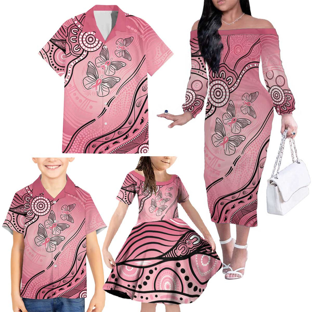 Pink Aboriginal Butterfly Ribbon Cancer Family Matching Off The Shoulder Long Sleeve Dress and Hawaiian Shirt