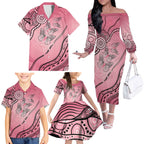 Pink Aboriginal Butterfly Ribbon Cancer Family Matching Off The Shoulder Long Sleeve Dress and Hawaiian Shirt