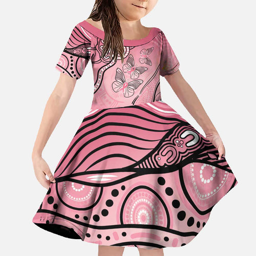 Pink Aboriginal Butterfly Ribbon Cancer Family Matching Off The Shoulder Long Sleeve Dress and Hawaiian Shirt