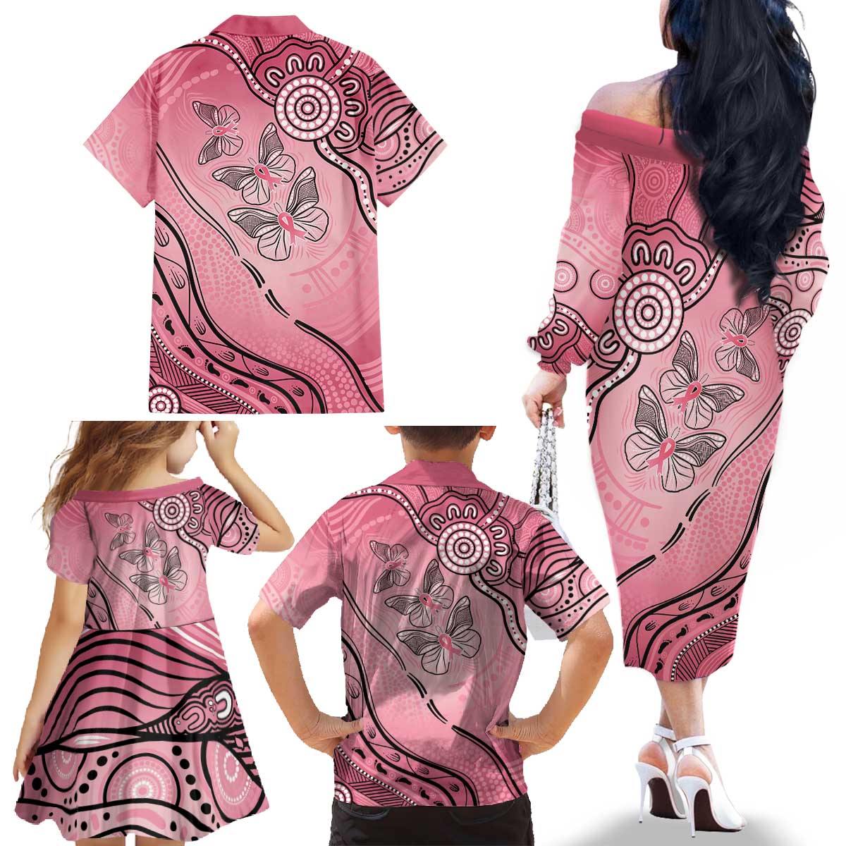 Pink Aboriginal Butterfly Ribbon Cancer Family Matching Off The Shoulder Long Sleeve Dress and Hawaiian Shirt