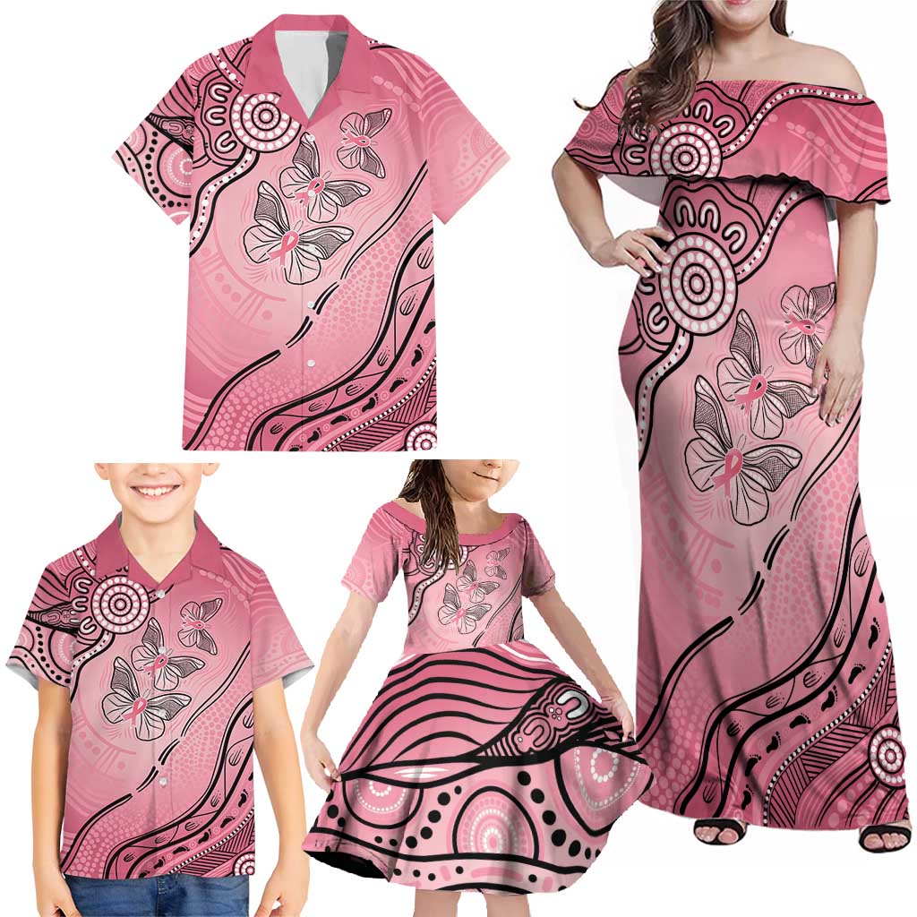 Pink Aboriginal Butterfly Ribbon Cancer Family Matching Off Shoulder Maxi Dress and Hawaiian Shirt