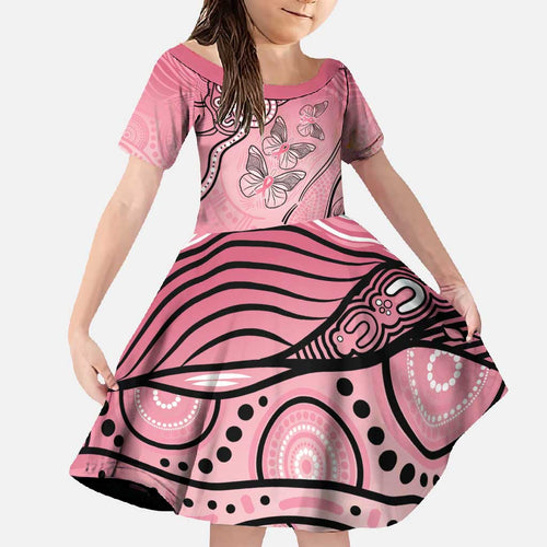 Pink Aboriginal Butterfly Ribbon Cancer Family Matching Off Shoulder Maxi Dress and Hawaiian Shirt