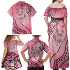 Pink Aboriginal Butterfly Ribbon Cancer Family Matching Off Shoulder Maxi Dress and Hawaiian Shirt