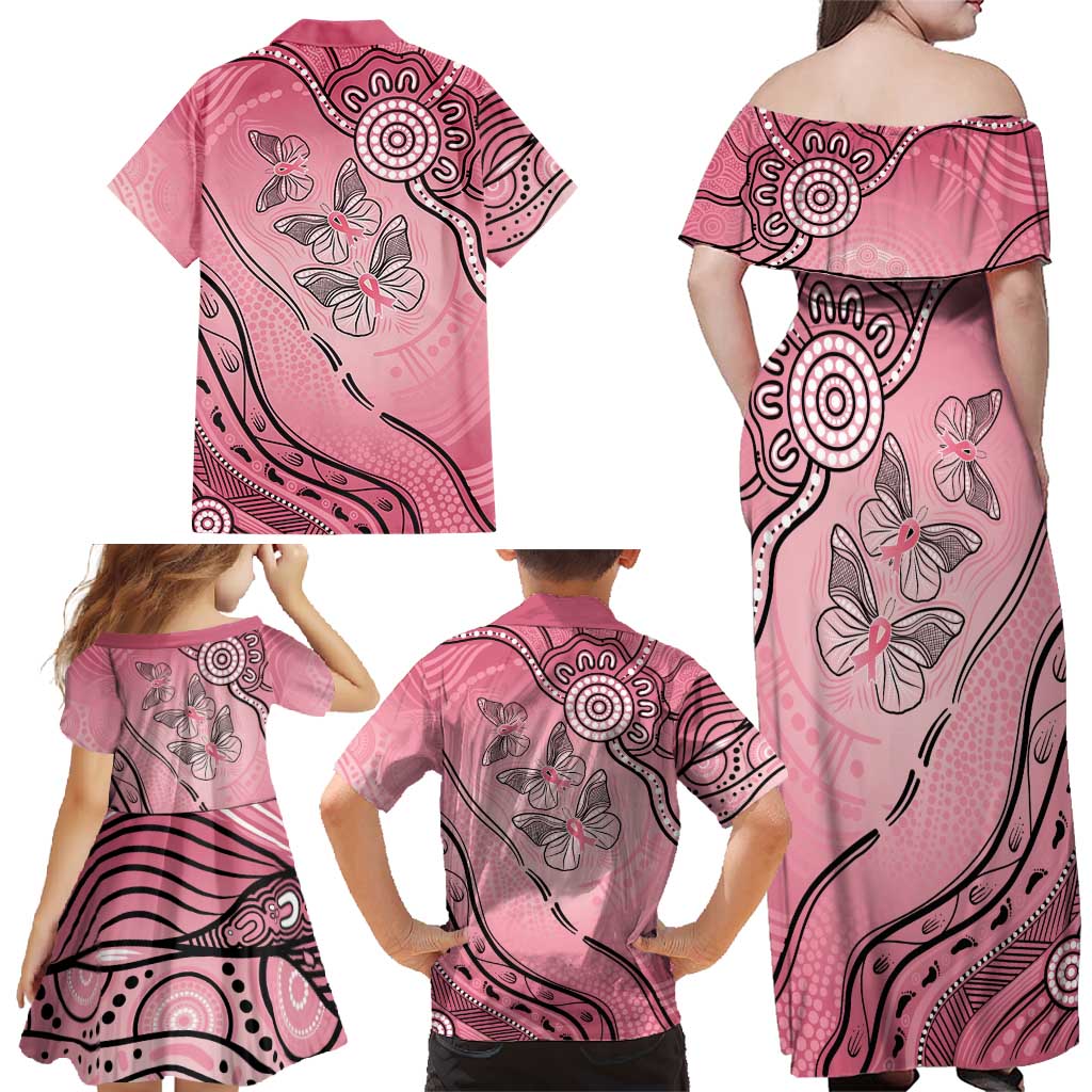 Pink Aboriginal Butterfly Ribbon Cancer Family Matching Off Shoulder Maxi Dress and Hawaiian Shirt