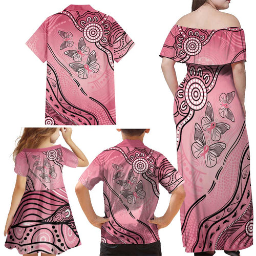 Pink Aboriginal Butterfly Ribbon Cancer Family Matching Off Shoulder Maxi Dress and Hawaiian Shirt