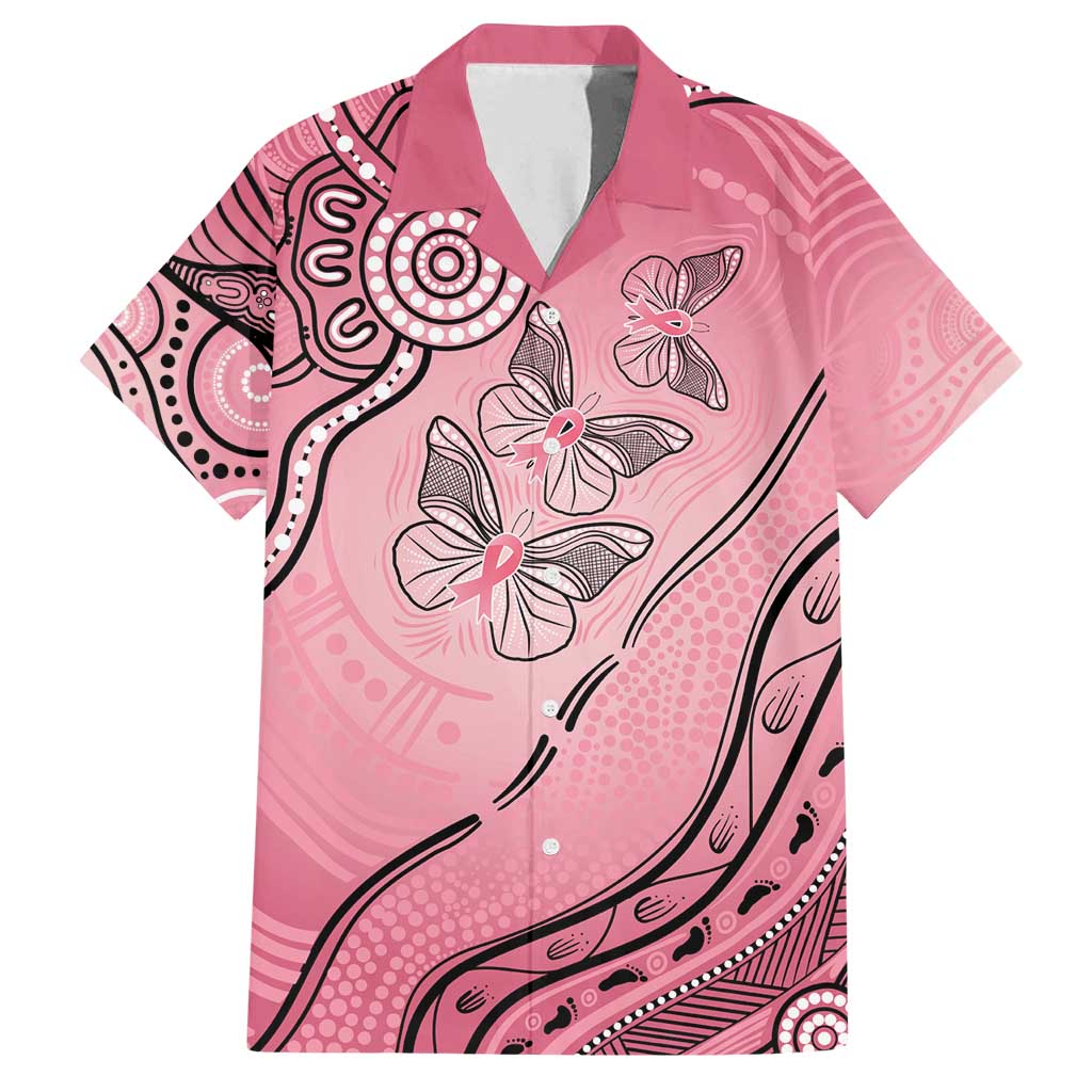 Pink Aboriginal Butterfly Ribbon Cancer Family Matching Off Shoulder Maxi Dress and Hawaiian Shirt