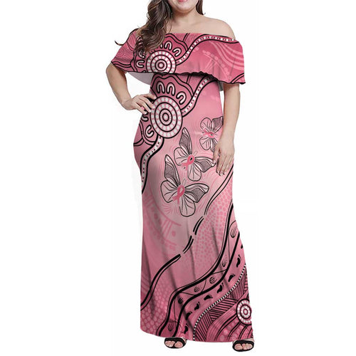 Pink Aboriginal Butterfly Ribbon Cancer Family Matching Off Shoulder Maxi Dress and Hawaiian Shirt
