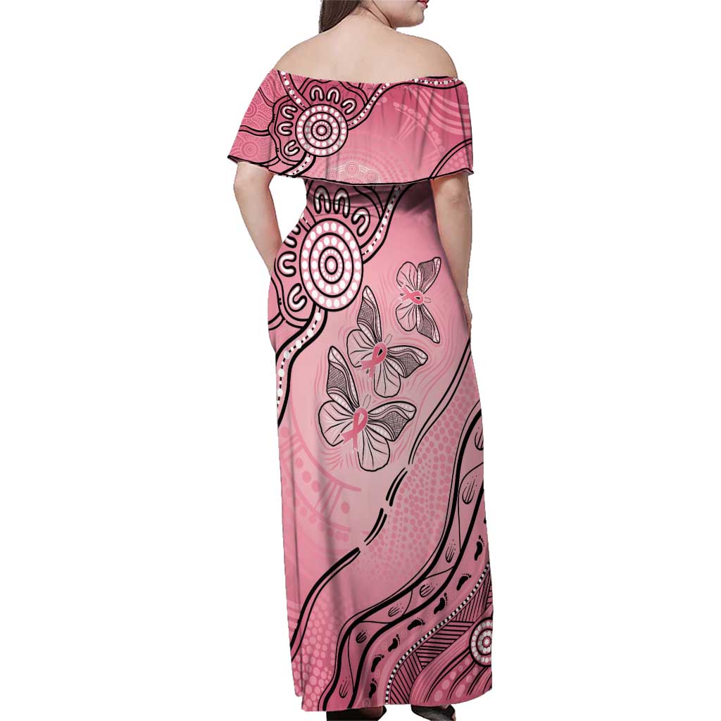 Pink Aboriginal Butterfly Ribbon Cancer Family Matching Off Shoulder Maxi Dress and Hawaiian Shirt