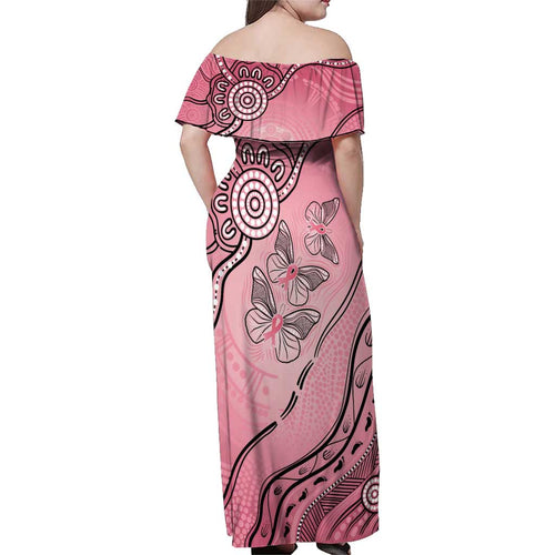 Pink Aboriginal Butterfly Ribbon Cancer Family Matching Off Shoulder Maxi Dress and Hawaiian Shirt