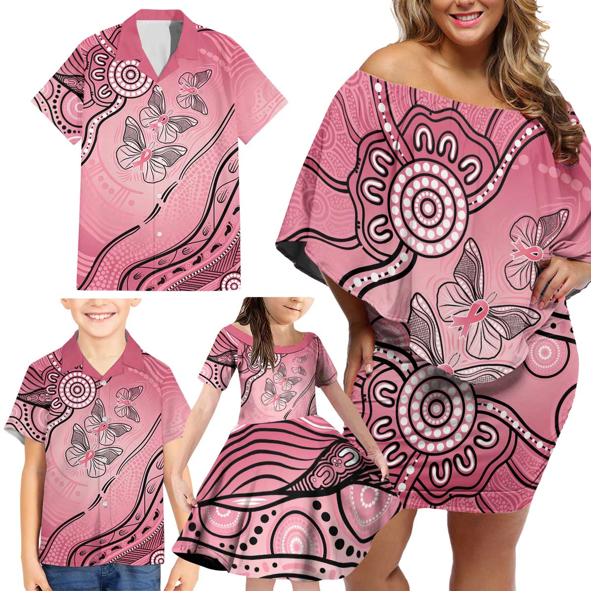 Pink Aboriginal Butterfly Ribbon Cancer Family Matching Off Shoulder Short Dress and Hawaiian Shirt