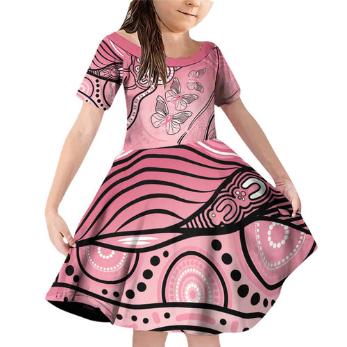Pink Aboriginal Butterfly Ribbon Cancer Family Matching Off Shoulder Short Dress and Hawaiian Shirt