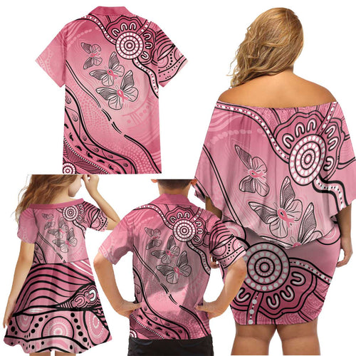 Pink Aboriginal Butterfly Ribbon Cancer Family Matching Off Shoulder Short Dress and Hawaiian Shirt